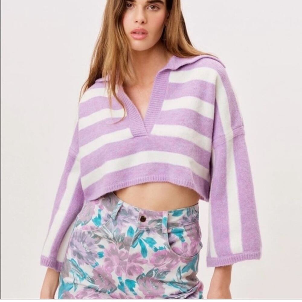 For Love & Lemons Maud Boxy Crop Sweater - Purple/White - Large - NWT